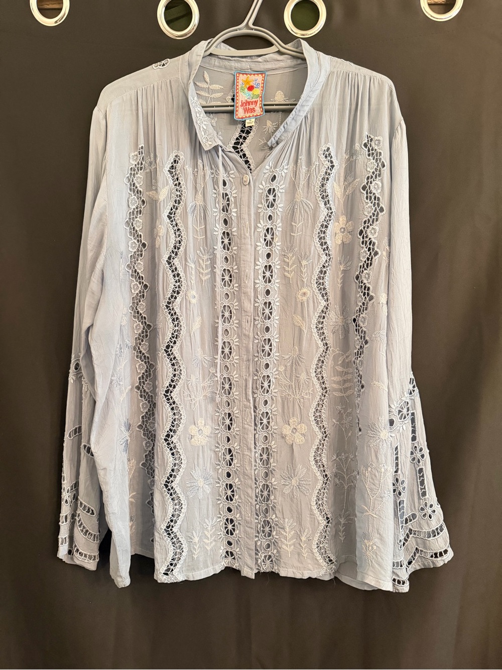 Johnny Was Pale Blue Lace-Trimmed Embroidered Blouse
